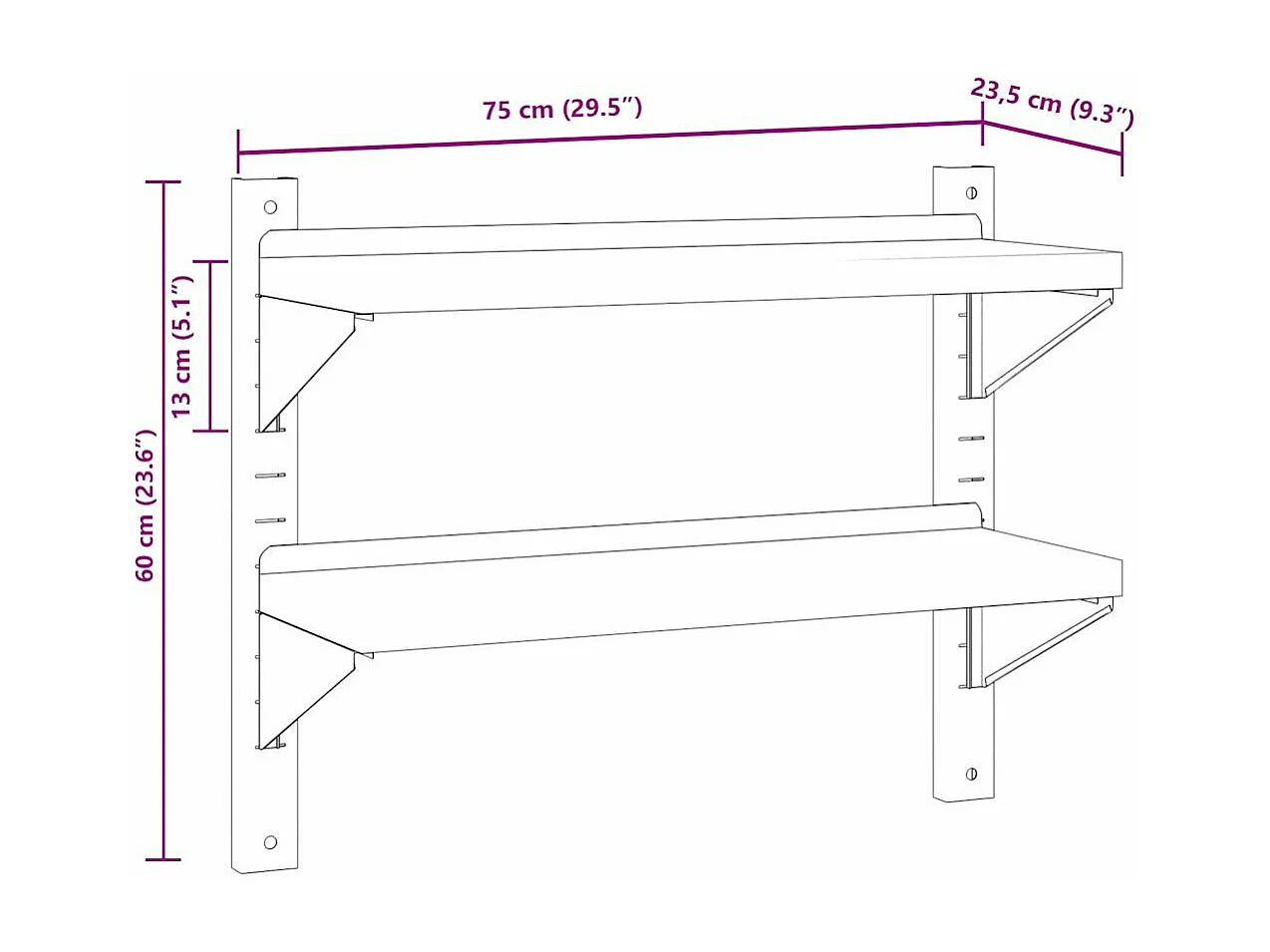 Estante parede 2 prateleiras 75x23,5x60 cm aço inoxidável prata
