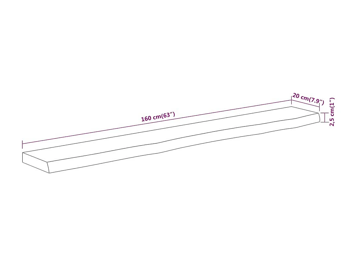 Estante pared rectangular madera acacia borde vivo 160x20x2,5cm