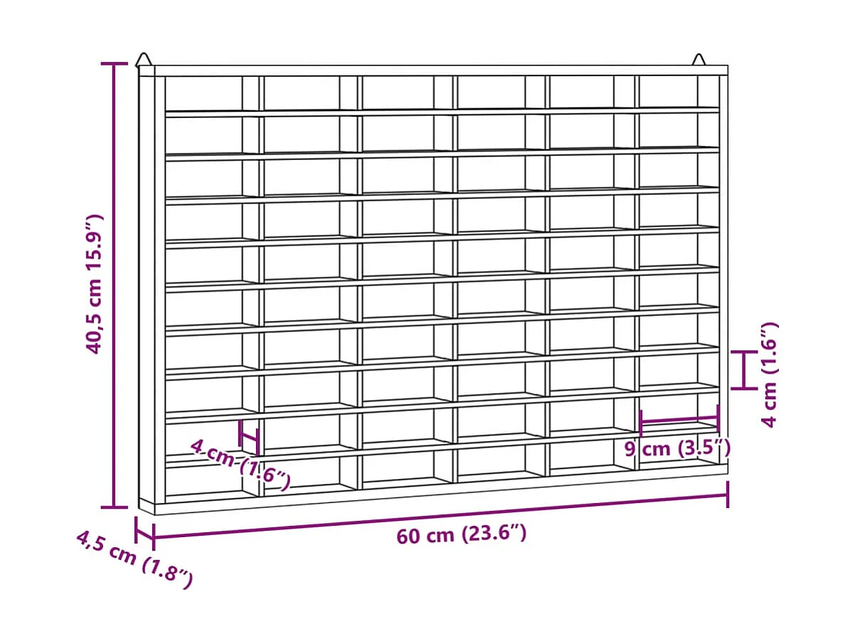 Armário expositor de parede c/ 60 compartimentos 60x4,5x40,5 cm