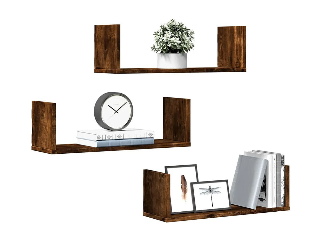 Estantes pared 3 uds madera ingeniería roble ahumado 58x18x18cm