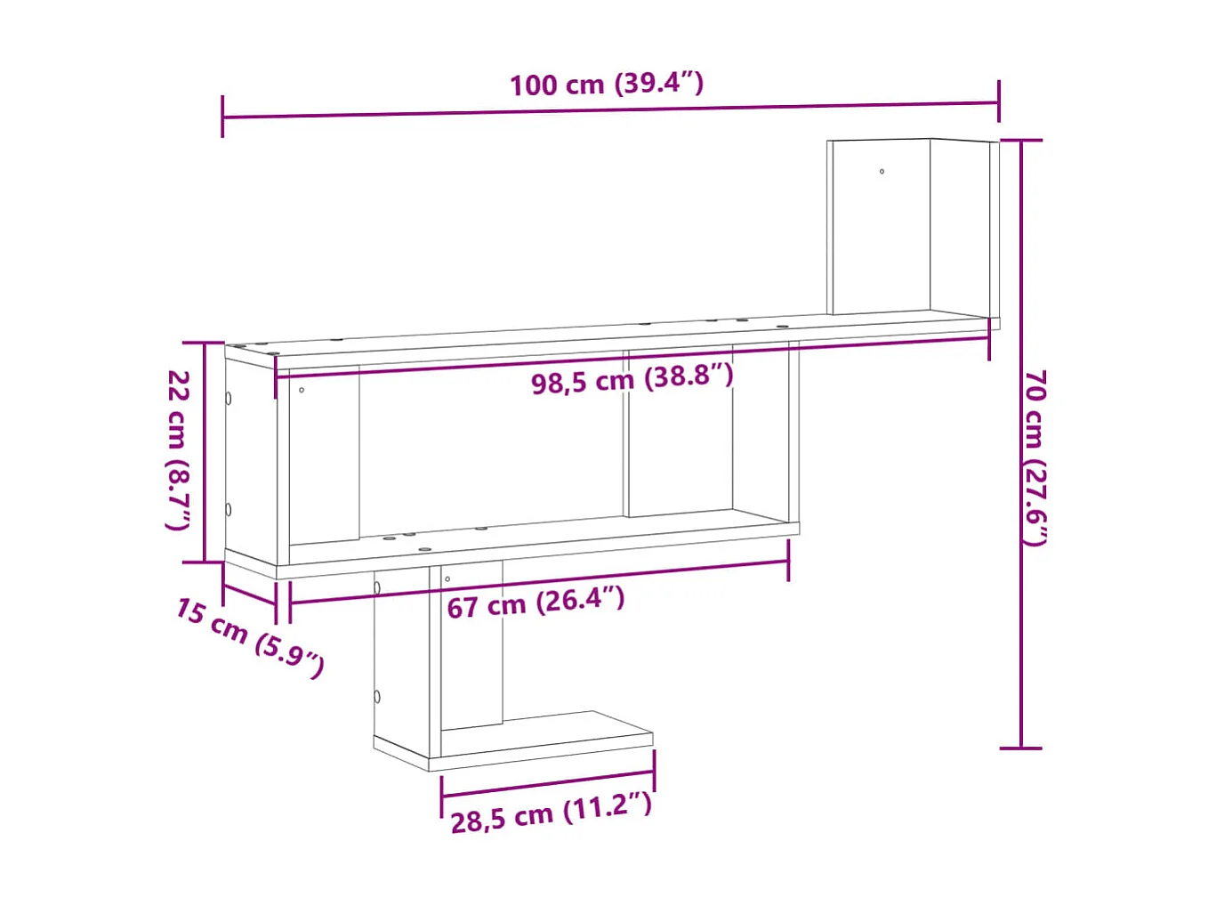 Wandschap 100x15x70 cm bewerkt hout wit