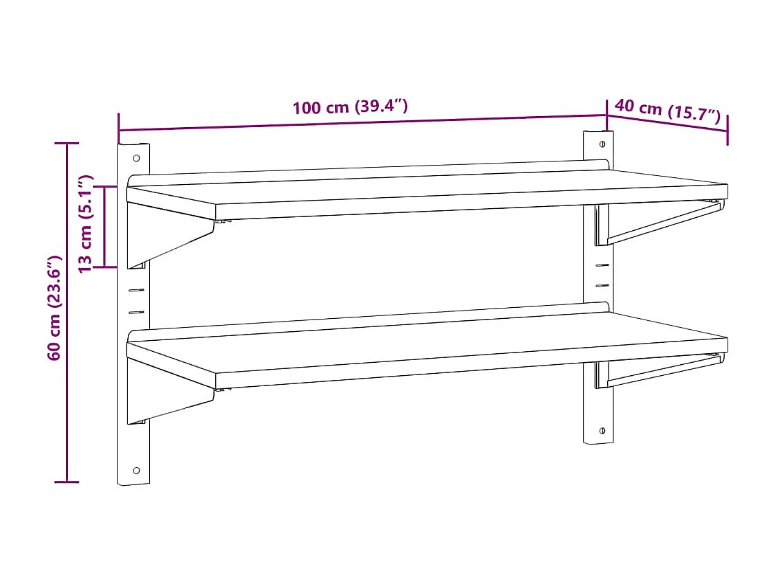 Étagère murale à 2 niveaux 100x40x60cm argenté acier inoxydable