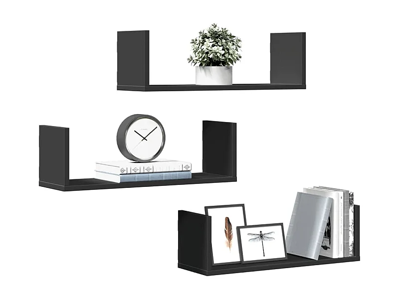 Estantes de pared 3 uds madera de ingeniería negro 58x18x18 cm