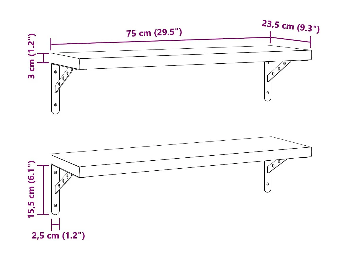Prateleiras de parede 2 pcs 75x23,5 cm aço inoxidável prateado