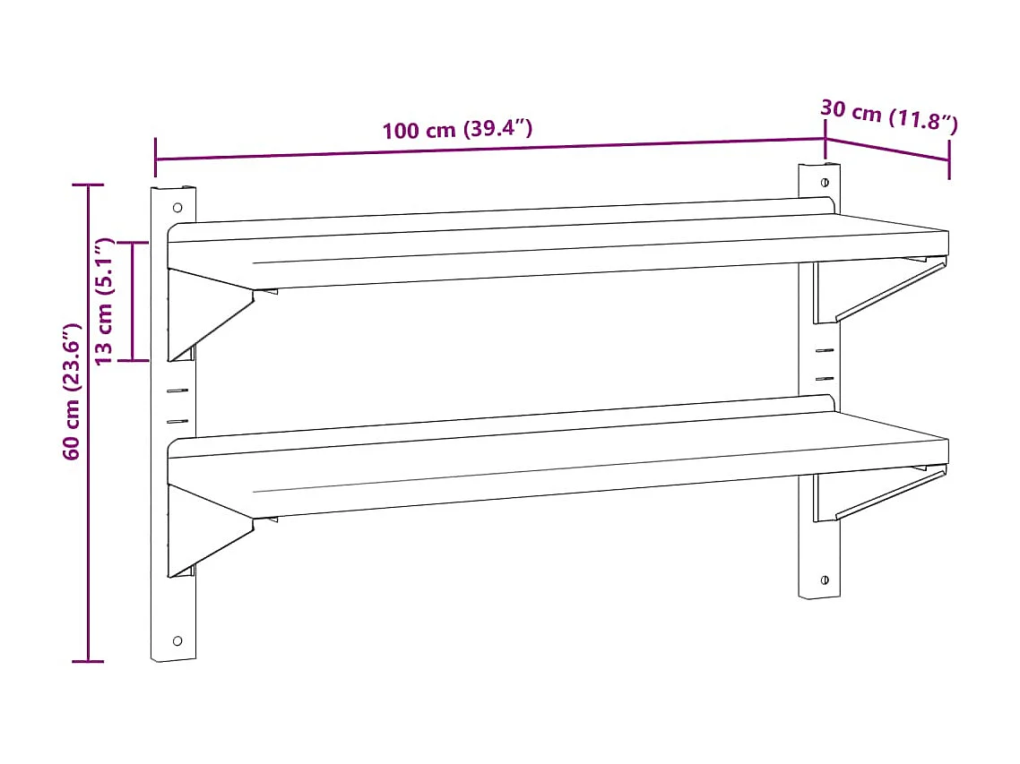 Mensola Muro 2 Ripiani 100x30x60cm Argento Acciaio Inossidabile