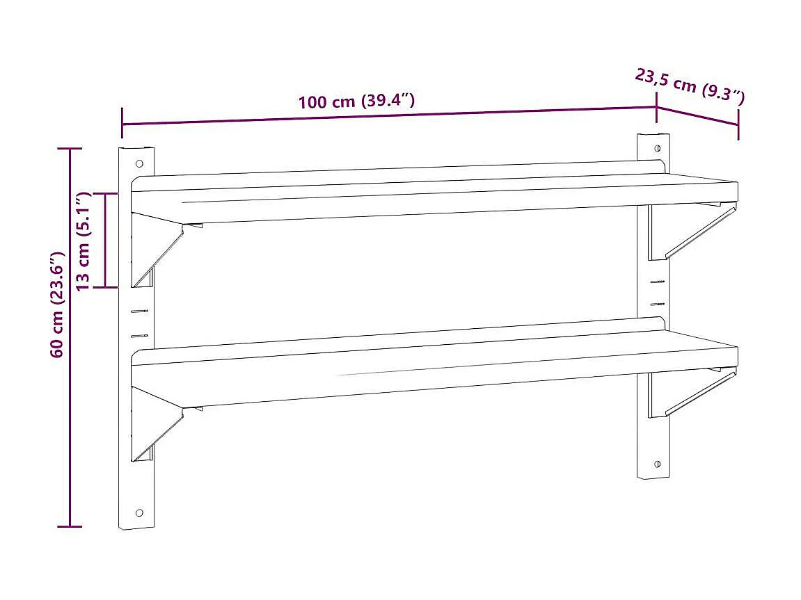 Étagère murale 2 niveaux 100x23,5x60cm argenté acier inoxydable