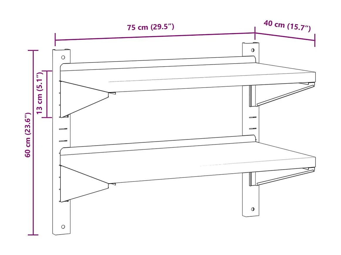 Estante parede 2 prateleiras 75x40x60 cm aço inoxidável prata