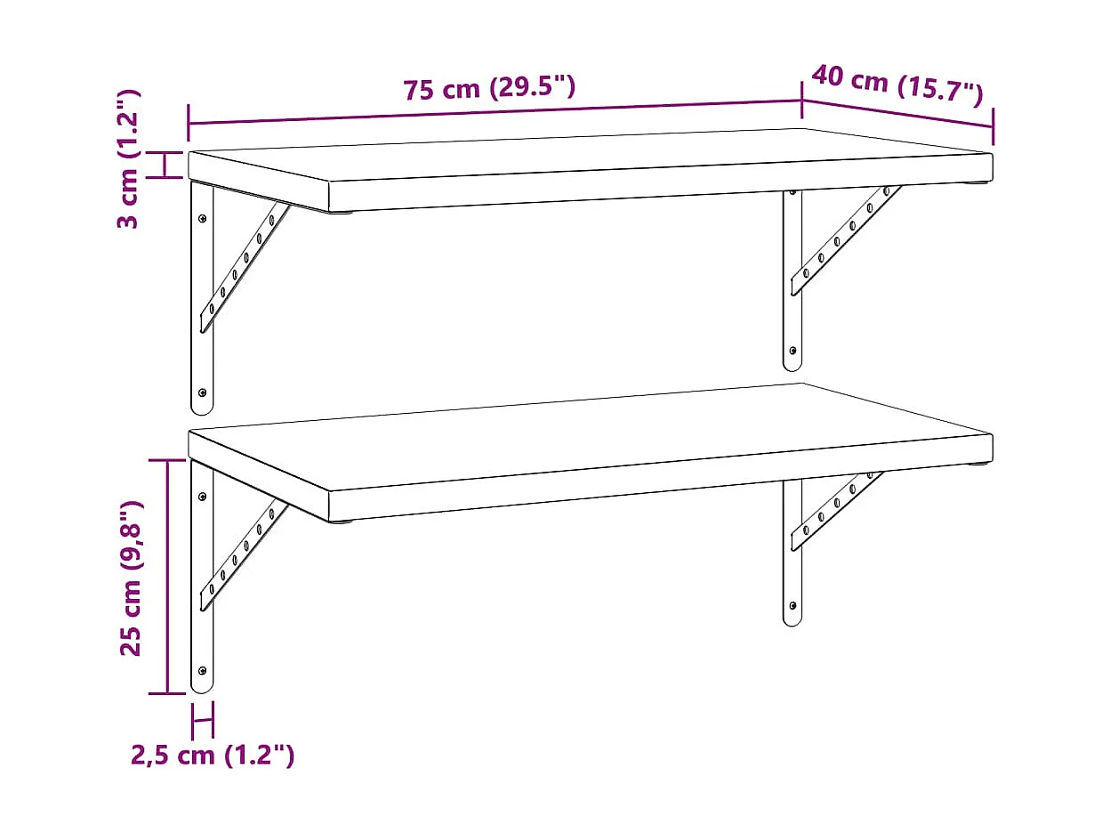 Prateleiras de parede 2 pcs 75x40 cm aço inoxidável prateado