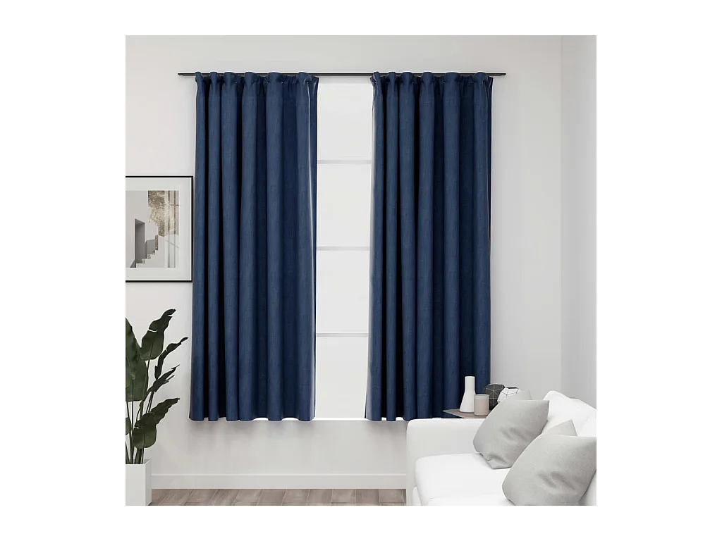 Rideaux occultants aspect lin avec crochets 2pcs Bleu 140x175cm