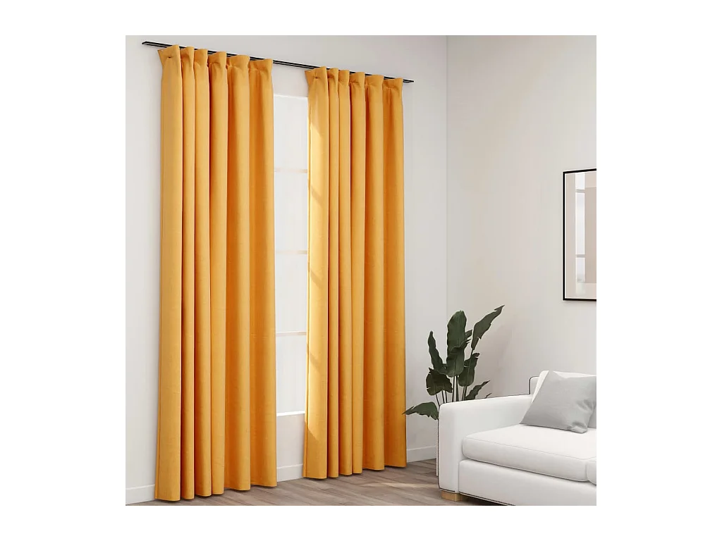 Rideaux occultants aspect lin et crochets 2 pcs Jaune 140x245cm