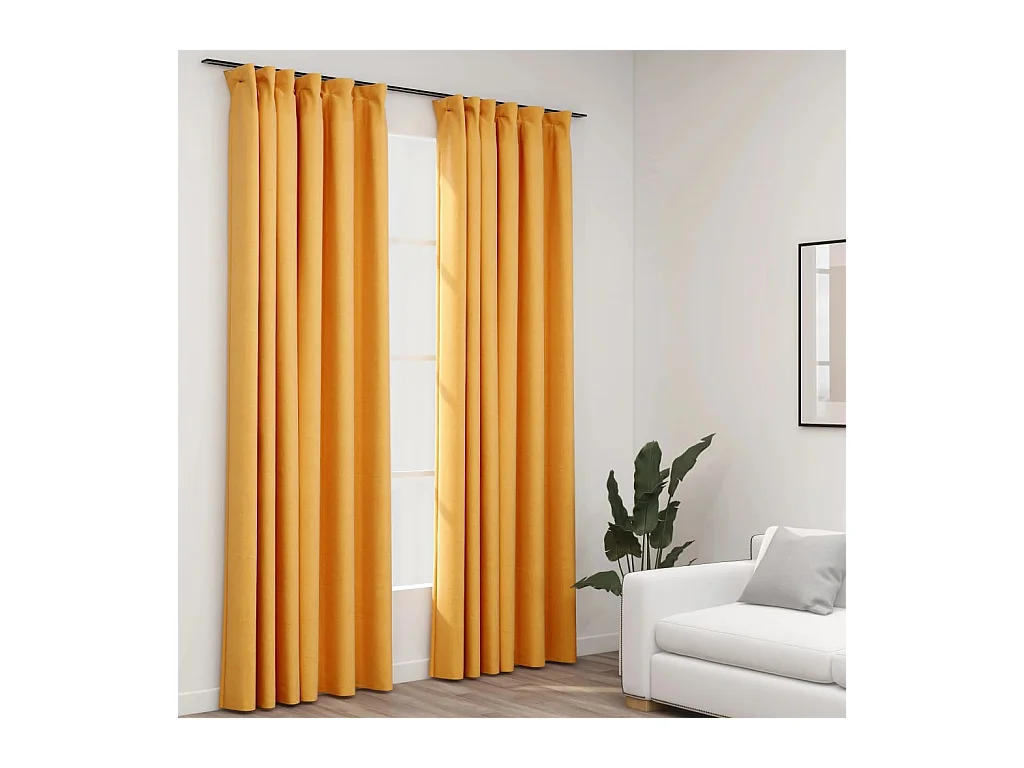 Rideaux occultants aspect lin et crochets 2 pcs Jaune 140x225cm
