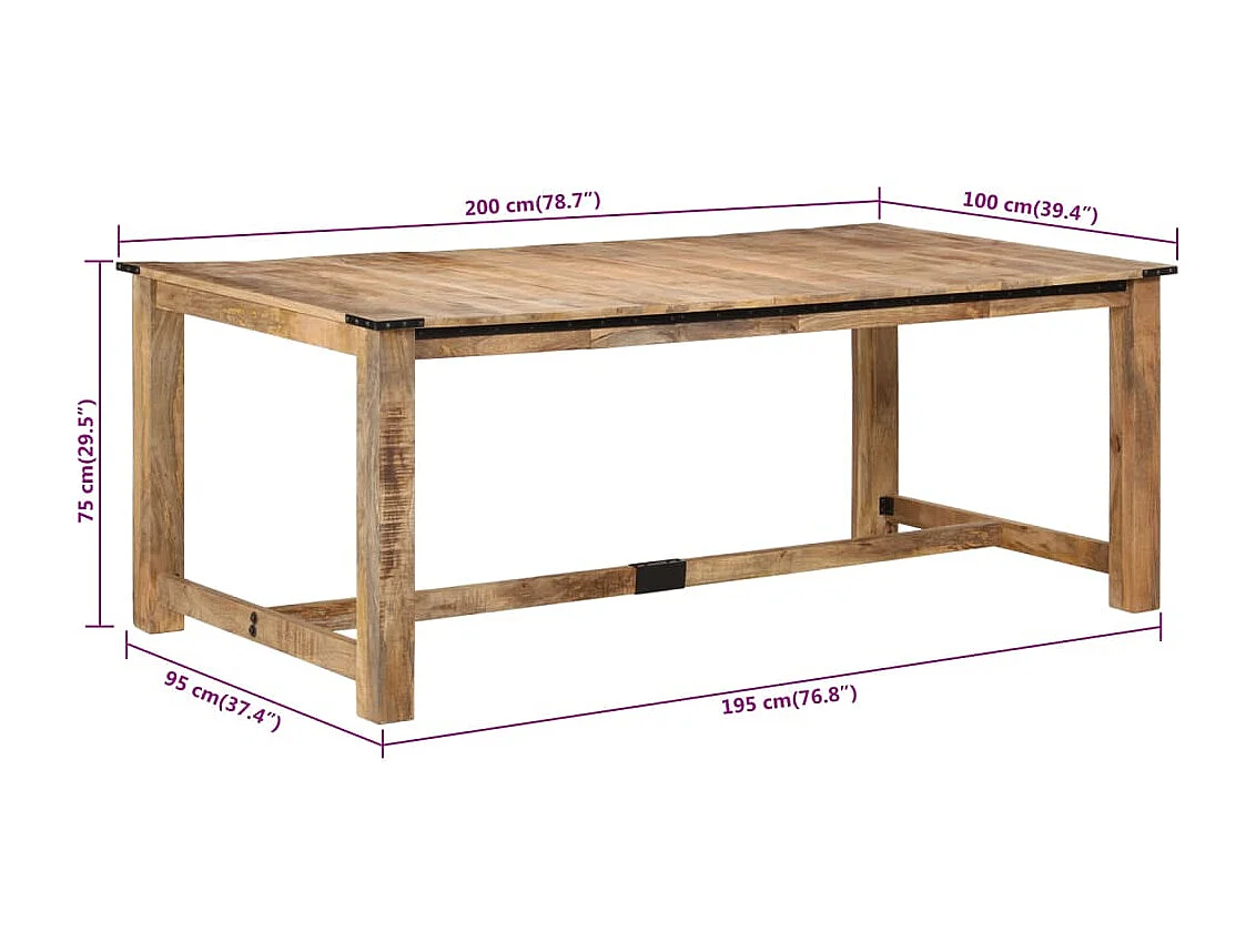 Tavolo da Pranzo 200x100x75 cm in Legno Massello di Mango