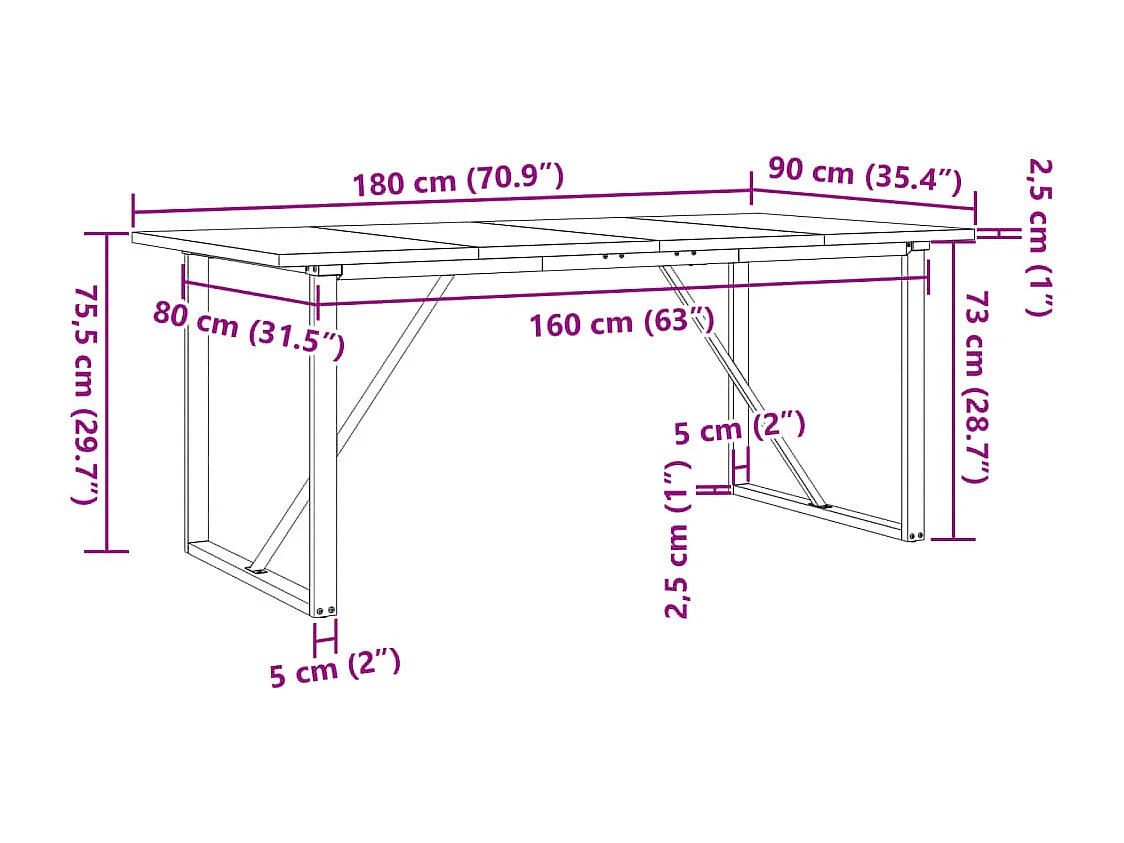 Mesa de jantar estrutura em O 180x90x75,5cm pinho/ferro fundido
