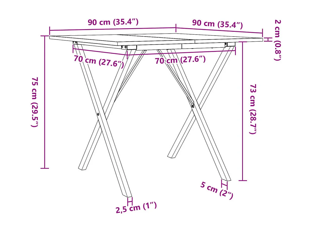 Mesa de jantar estrutura em X 90x90x75 cm pinho e ferro fundido