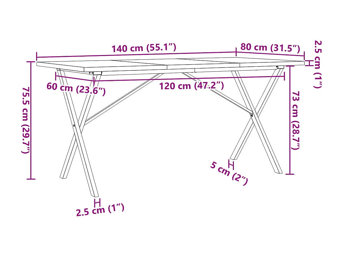Table à manger cadre en X 140x80x75,5 cm bois pin massif acier