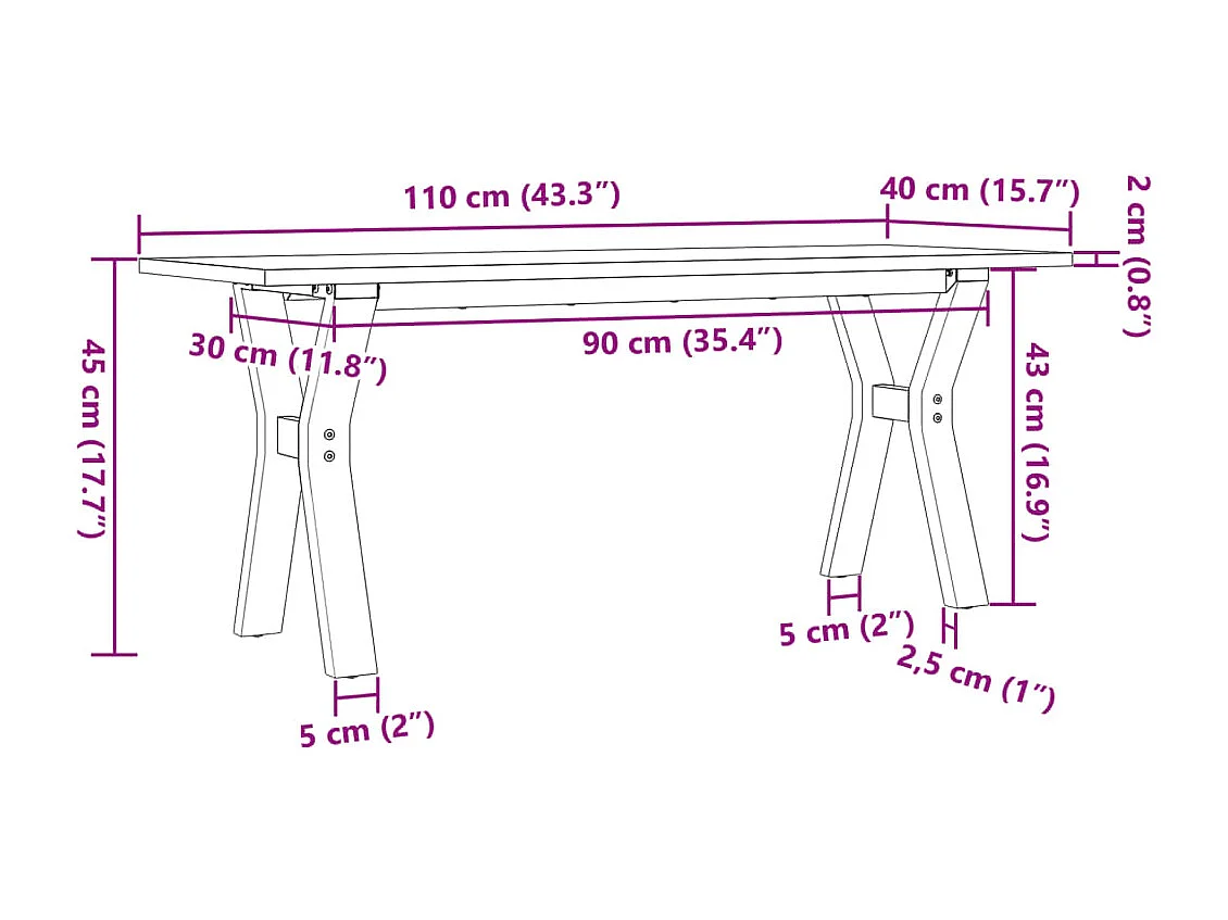 Table basse cadre en Y 110x40x45 cm bois de pin massif et acier