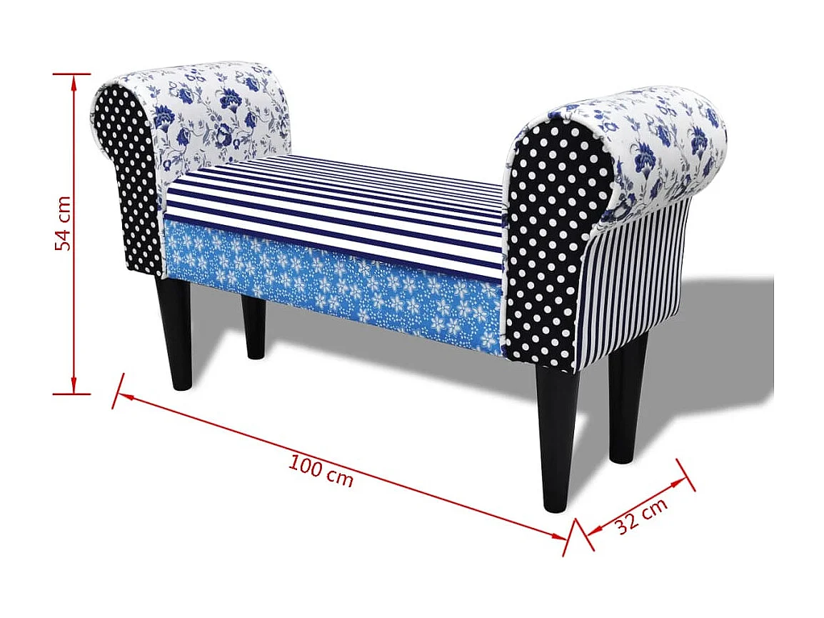 Design-Bank mit blau-weißem Patchwork