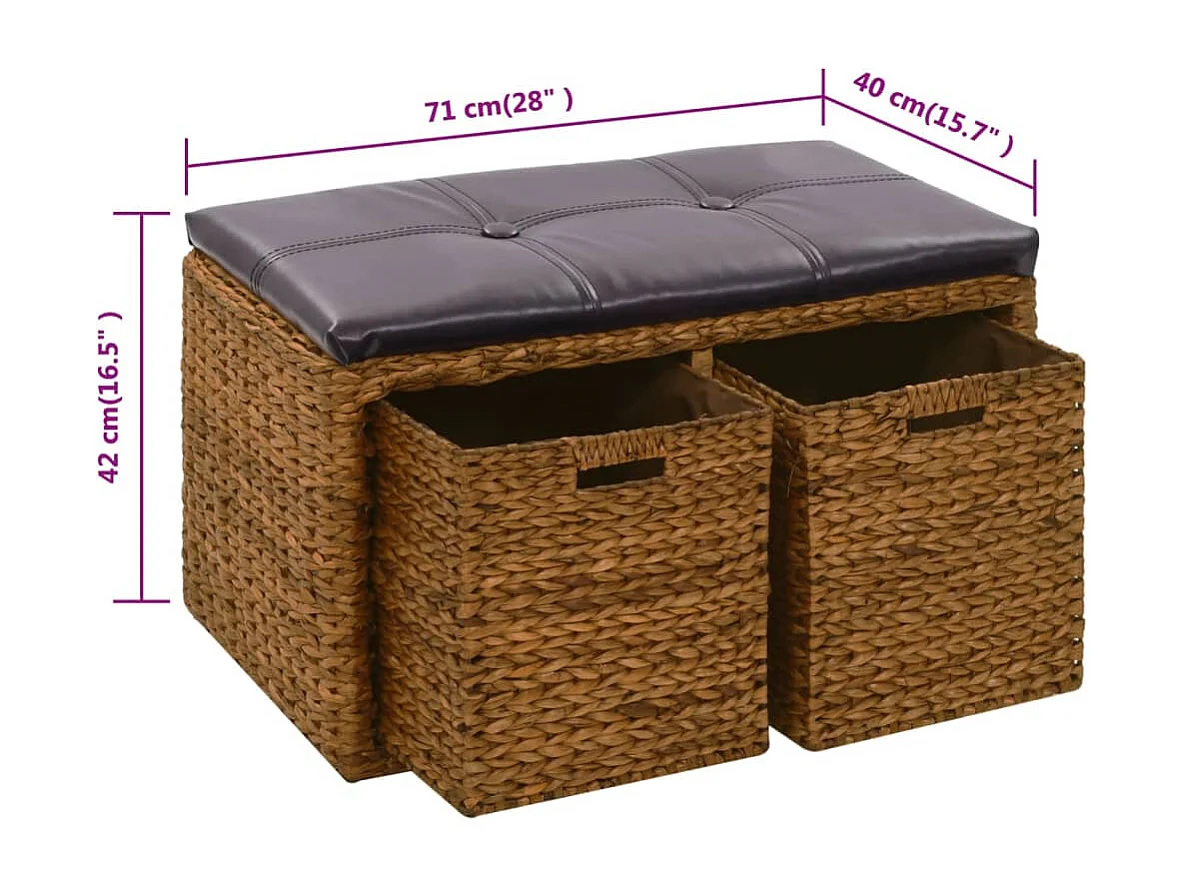 Banco com 2 cestos de aguapé 71 x 40 x 42 cm Castanho