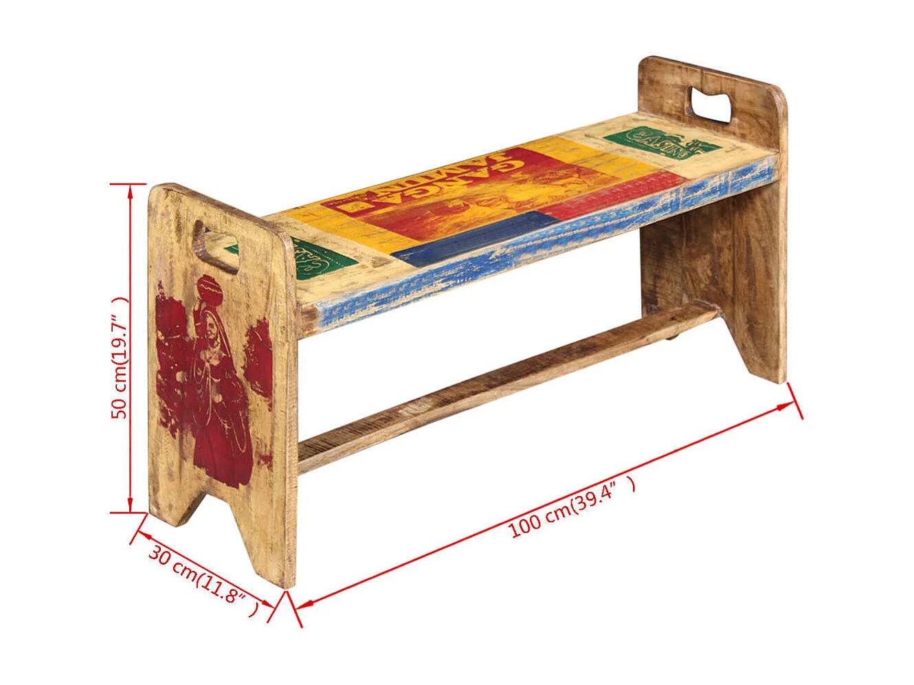 Banco de madera maciza reciclada 100x30x50 cm