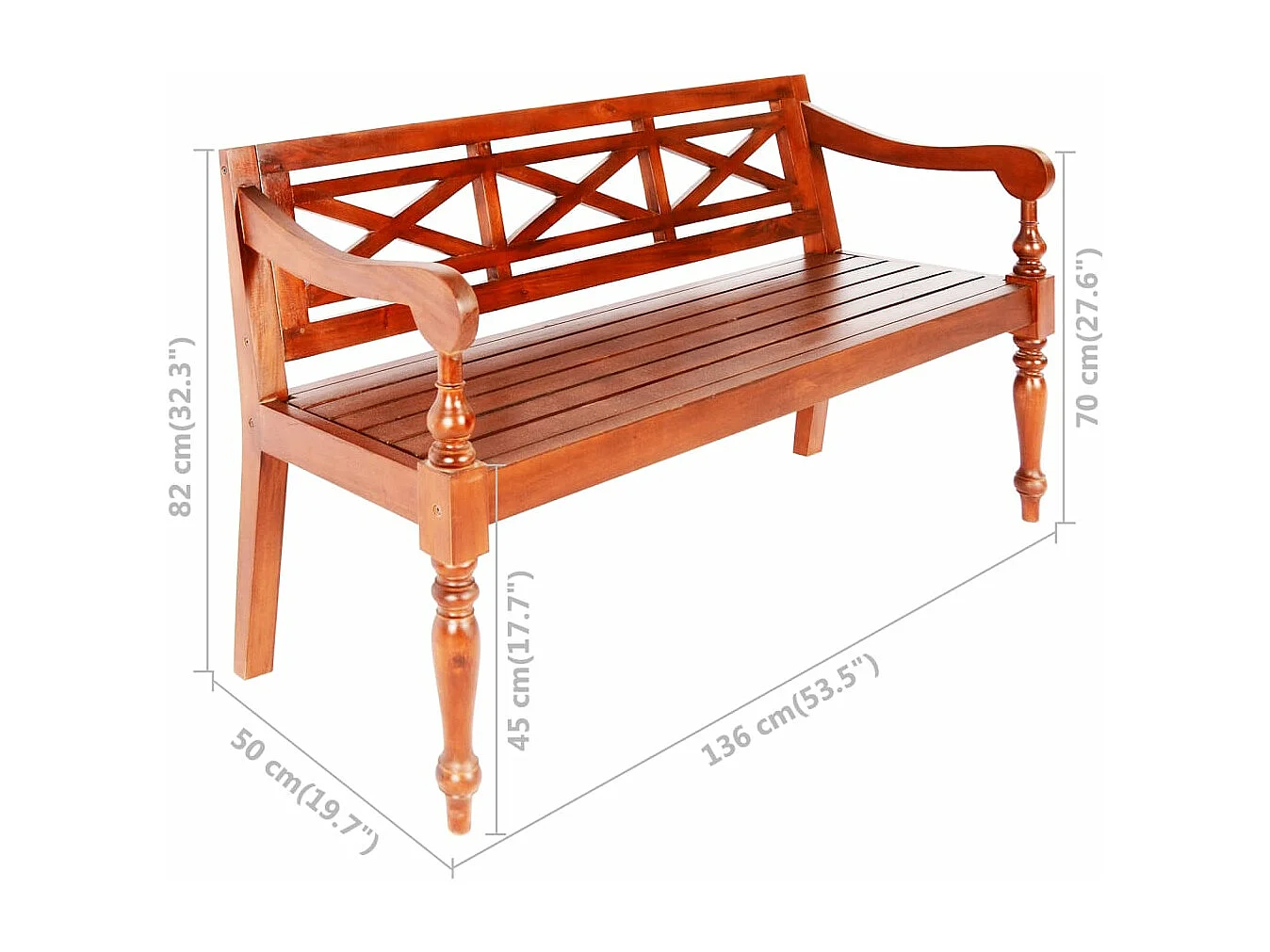 Banco Batavia 136 cm madeira maciça de mogno castanho escuro
