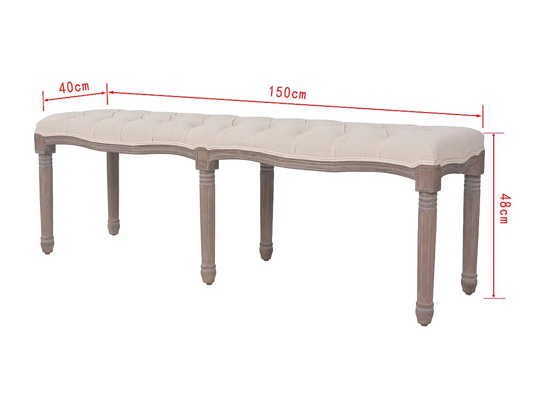Banco de lino de madera maciza, 150 x 40 x 48 cm, blanco crema