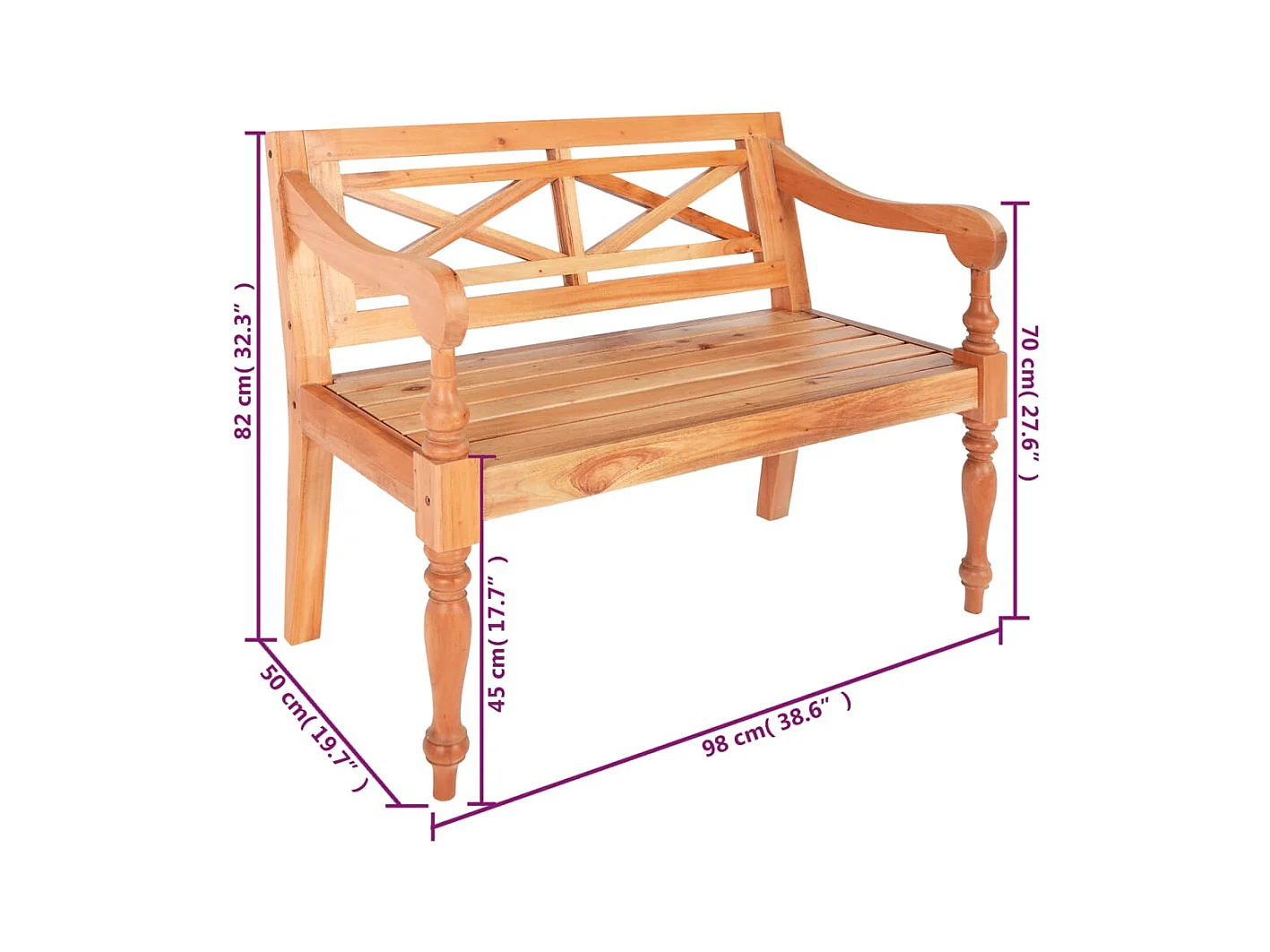Banco Batavia 98 cm madeira maciça de mogno castanho claro