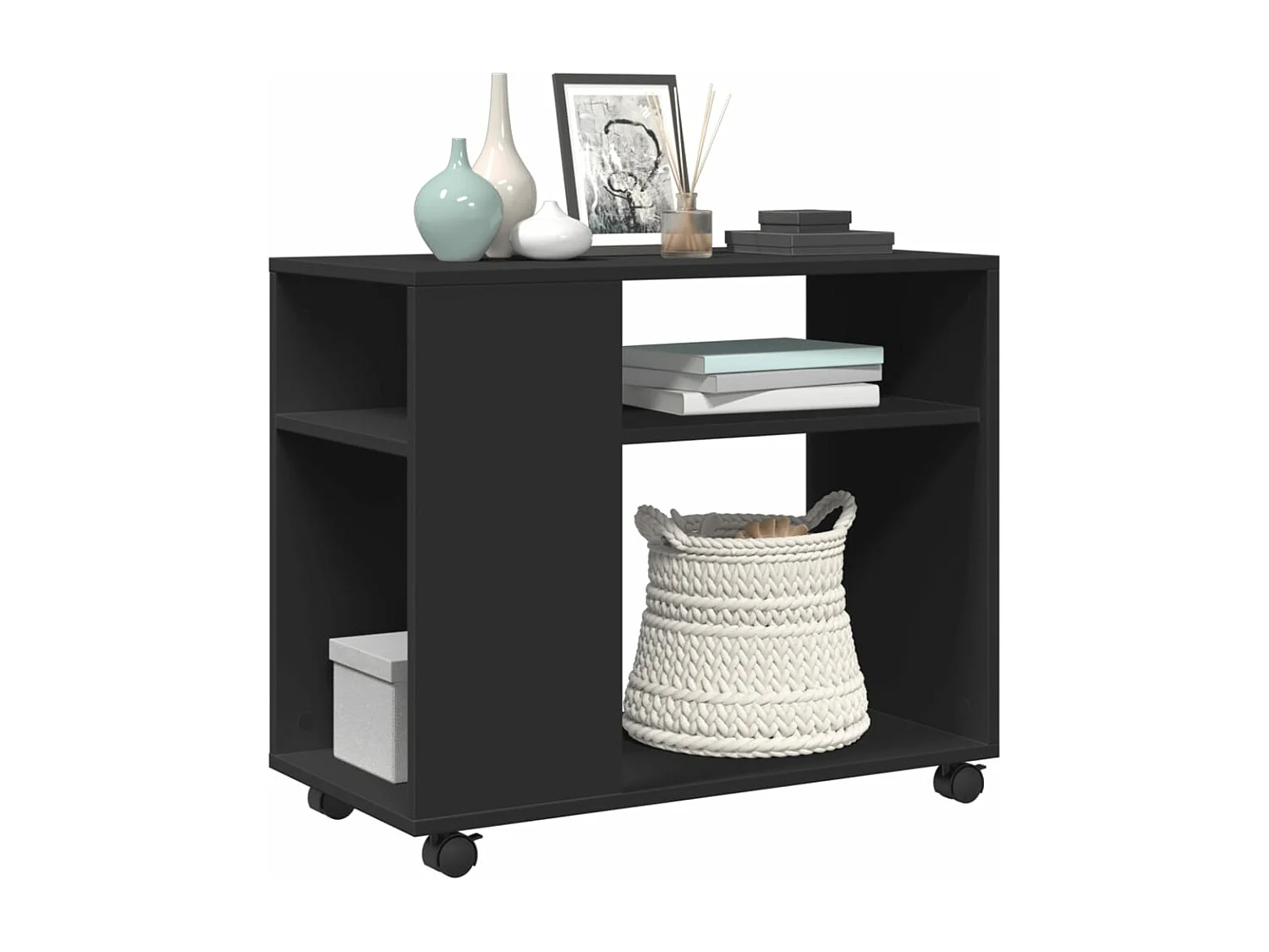 Mesa lateral com rodas preta 70x35x60 cm madeira engenharia