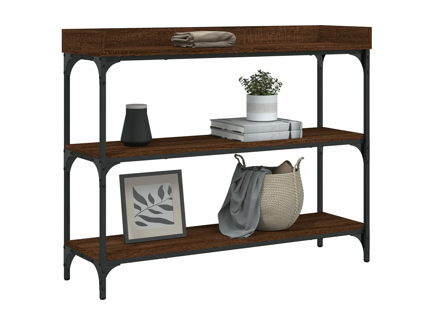 Mesa consola com prateleiras em carvalho castanho 100x30x80 cm