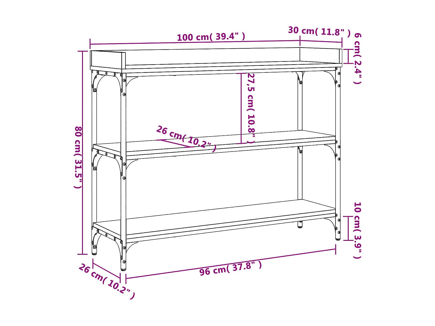 Mesa consola com prateleiras em carvalho castanho 100x30x80 cm