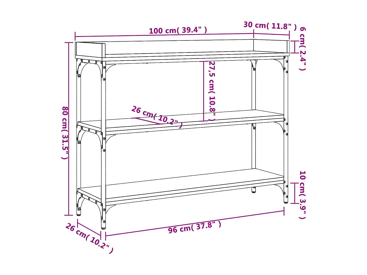 Mesa consola com prateleiras em carvalho castanho 100x30x80 cm