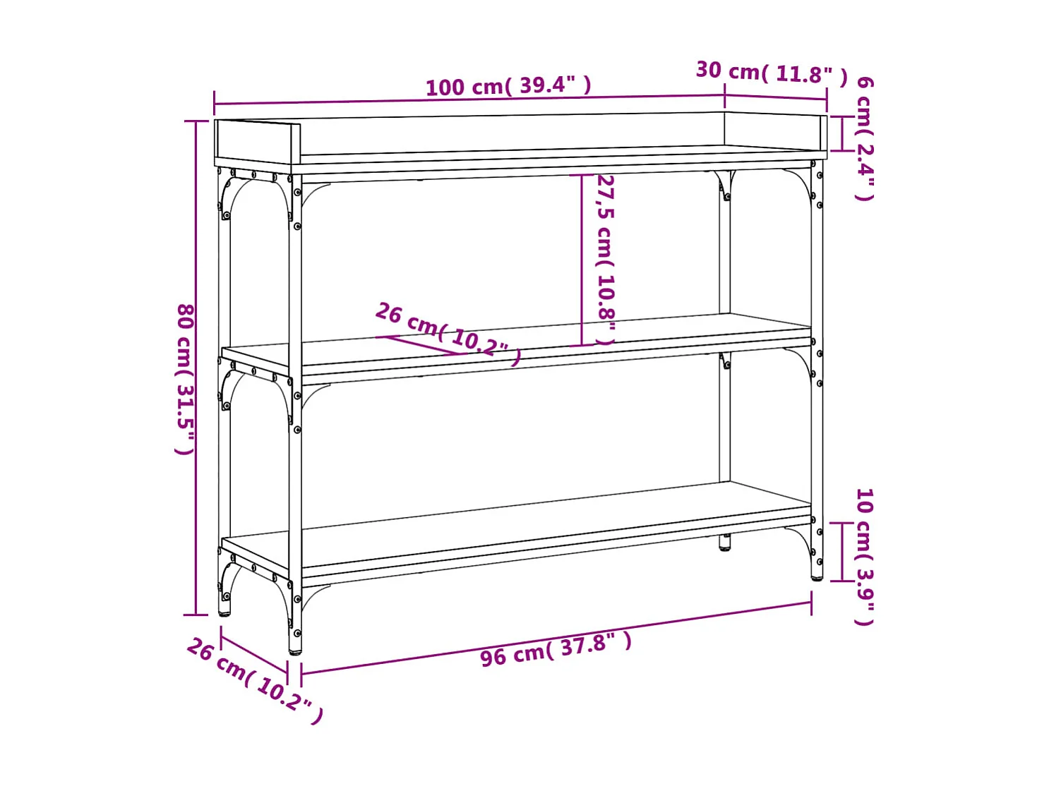 Mesa consola com prateleiras pretas 100x30x80 cm