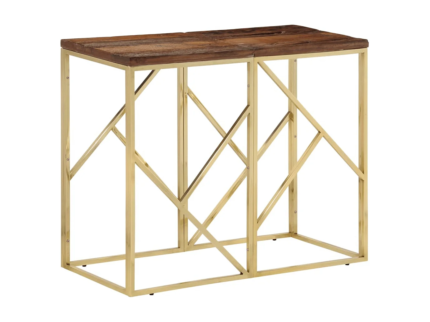 Mesa consola dourada em aço inoxidável e madeira maciça de lariço