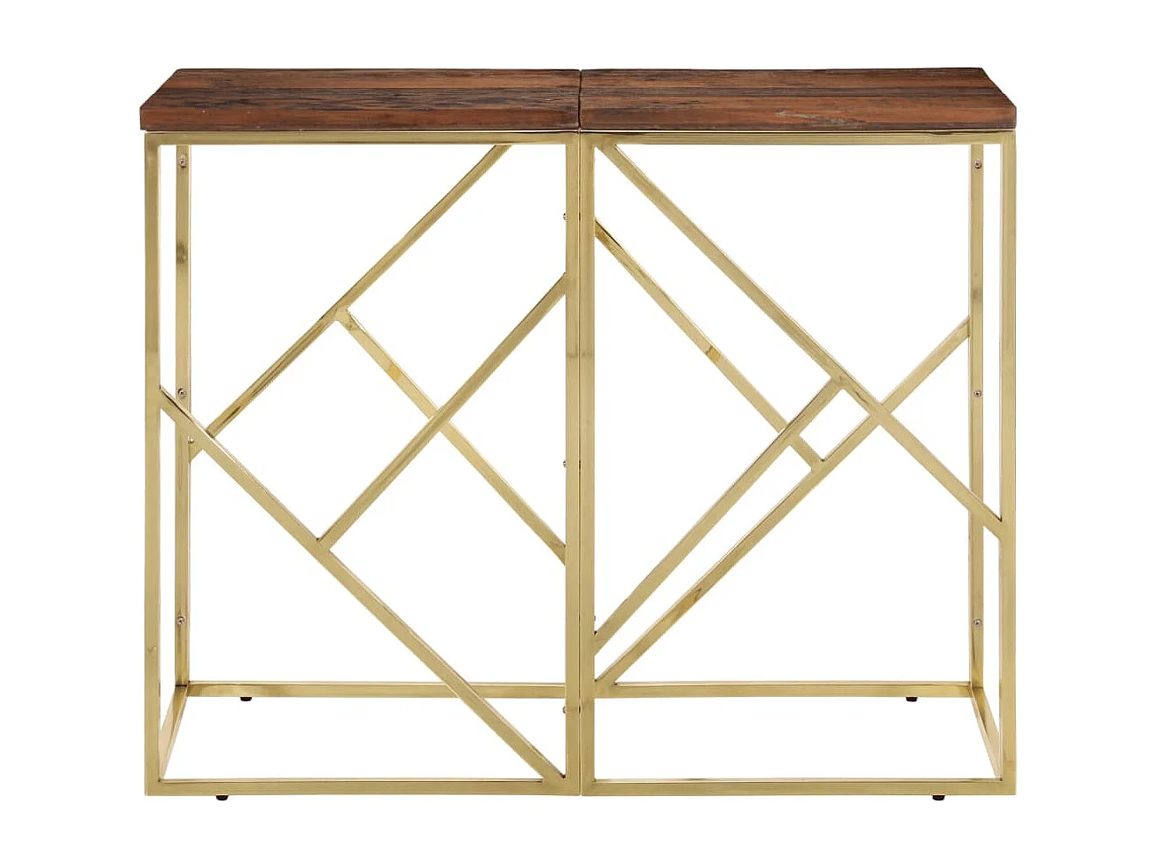 Mesa consola dourada em aço inoxidável e madeira maciça de lariço