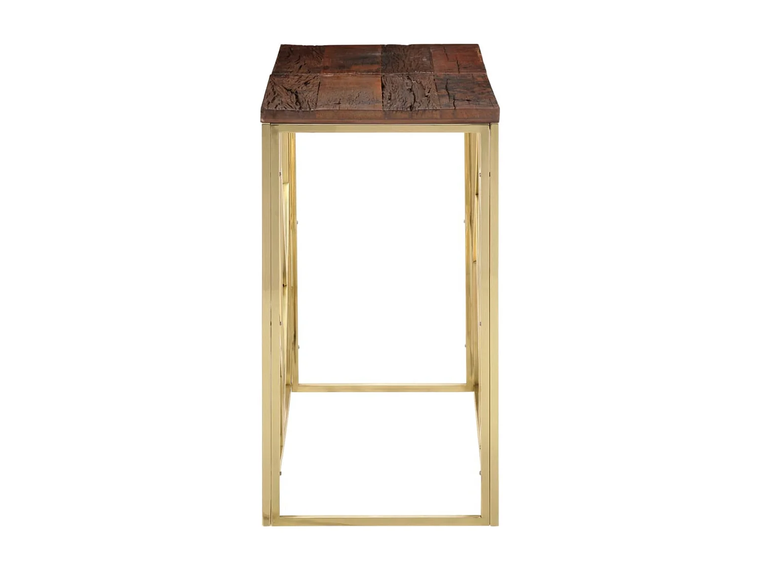 Mesa consola dourada em aço inoxidável e madeira maciça de lariço