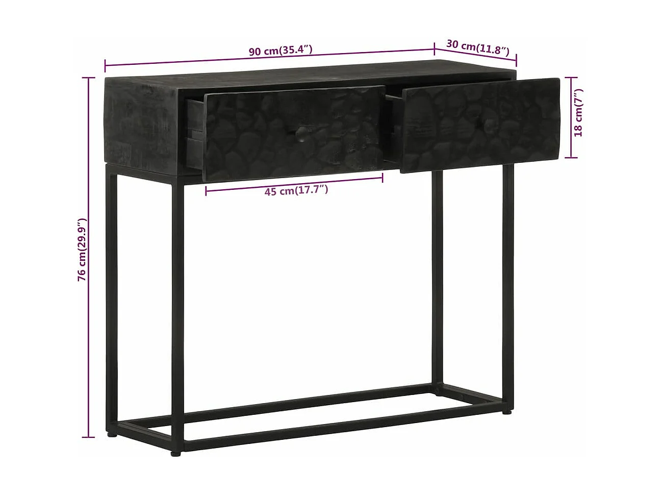Table console noir 90x30x76 cm bois massif de manguier et fer
