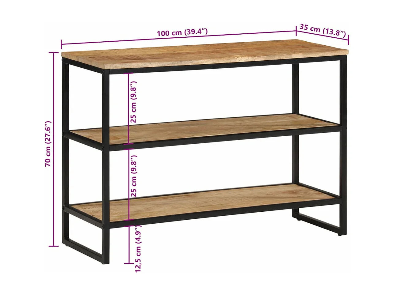 Table console 100x35x70 cm bois de manguier massif brut