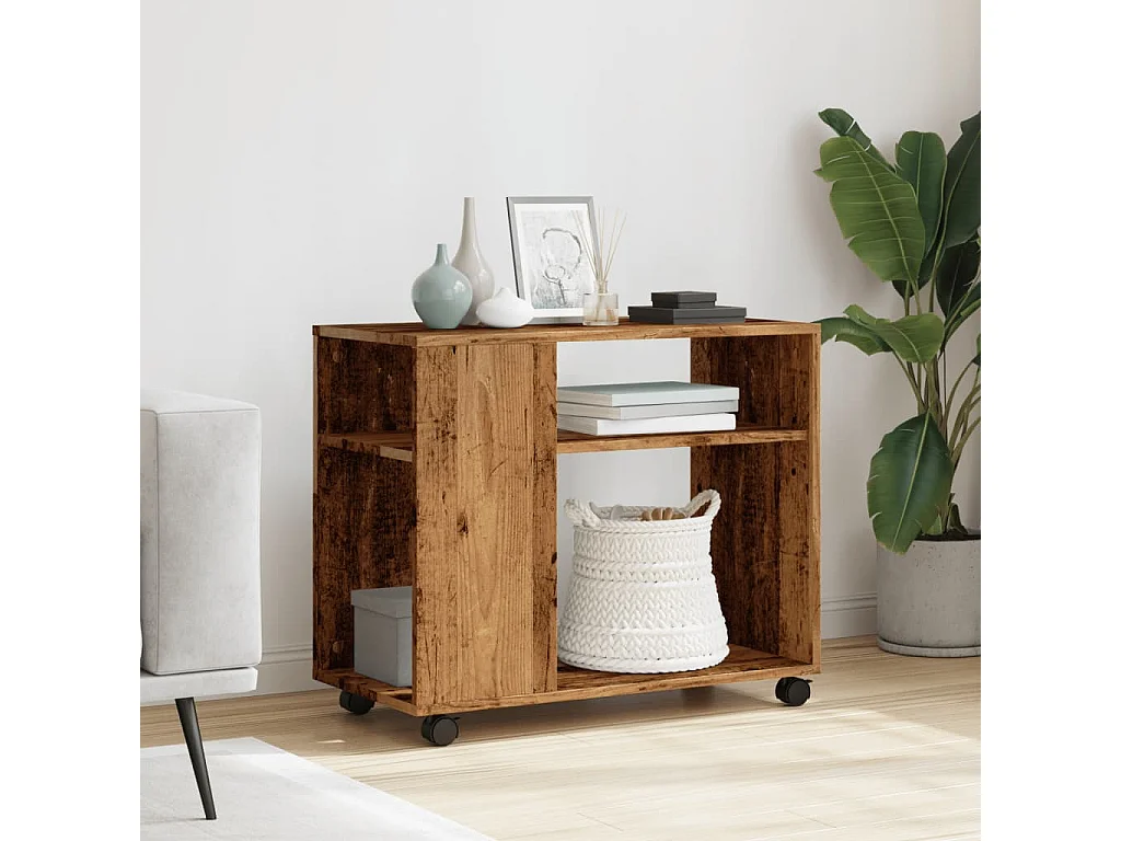 Mesa auxiliar con ruedas madera contrachapada antigua