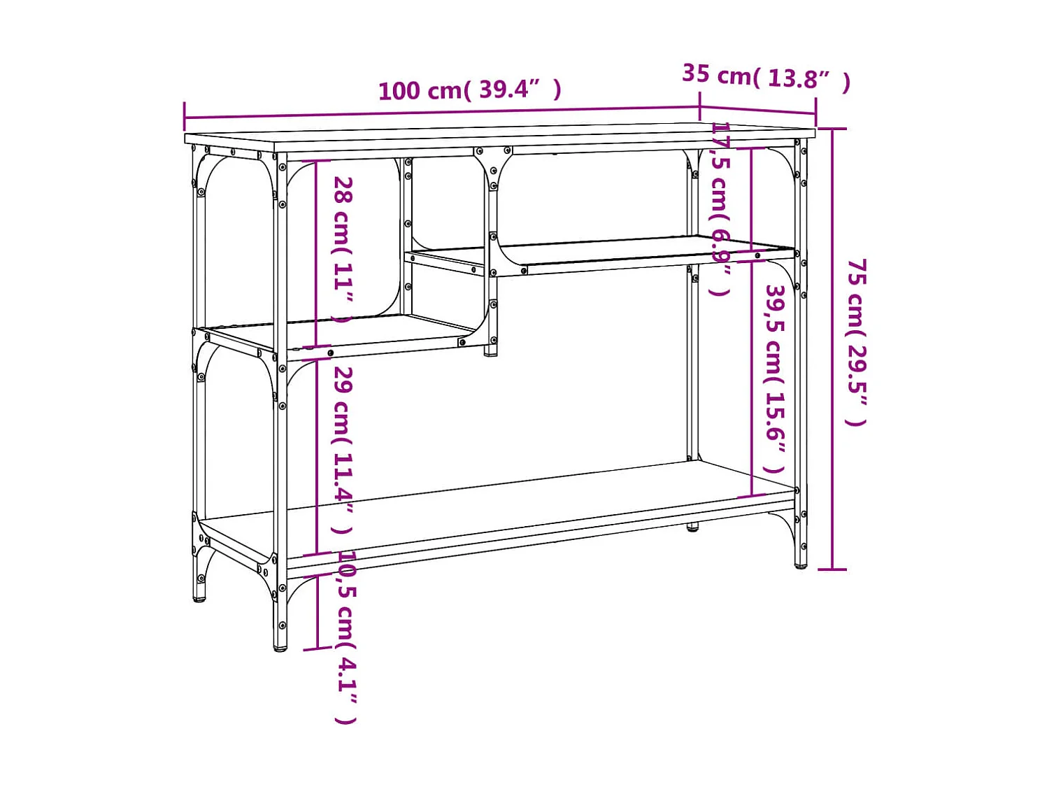 Consolle con ripiani neri 100x35x75 cm