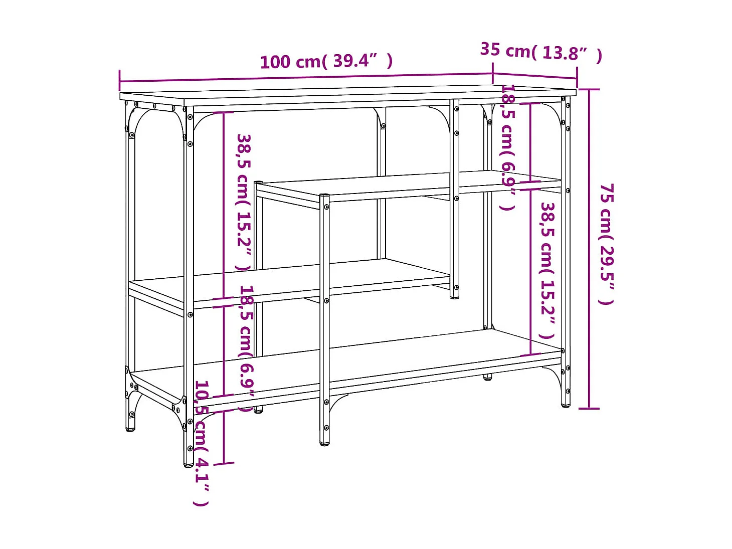 Table console avec étagères chêne fumé 100x35x75 cm