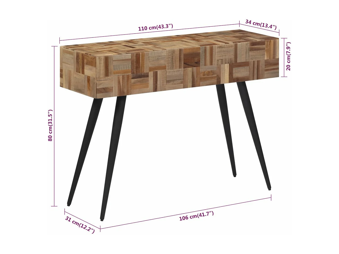 Consolle 110x34x80 cm in teak massello di recupero