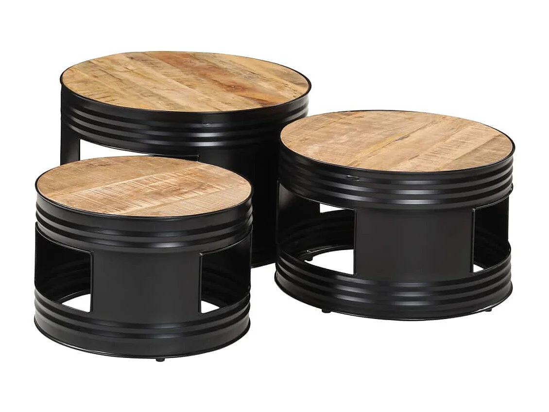 Trommelförmige Stehtische, 3 Stück, rohes, massives Mangoholz