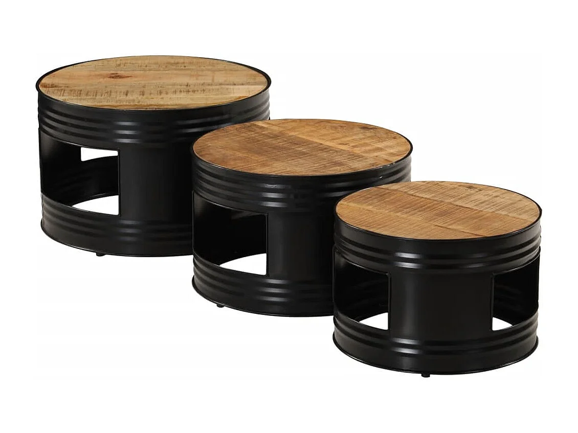 Trommelförmige Stehtische, 3 Stück, rohes, massives Mangoholz