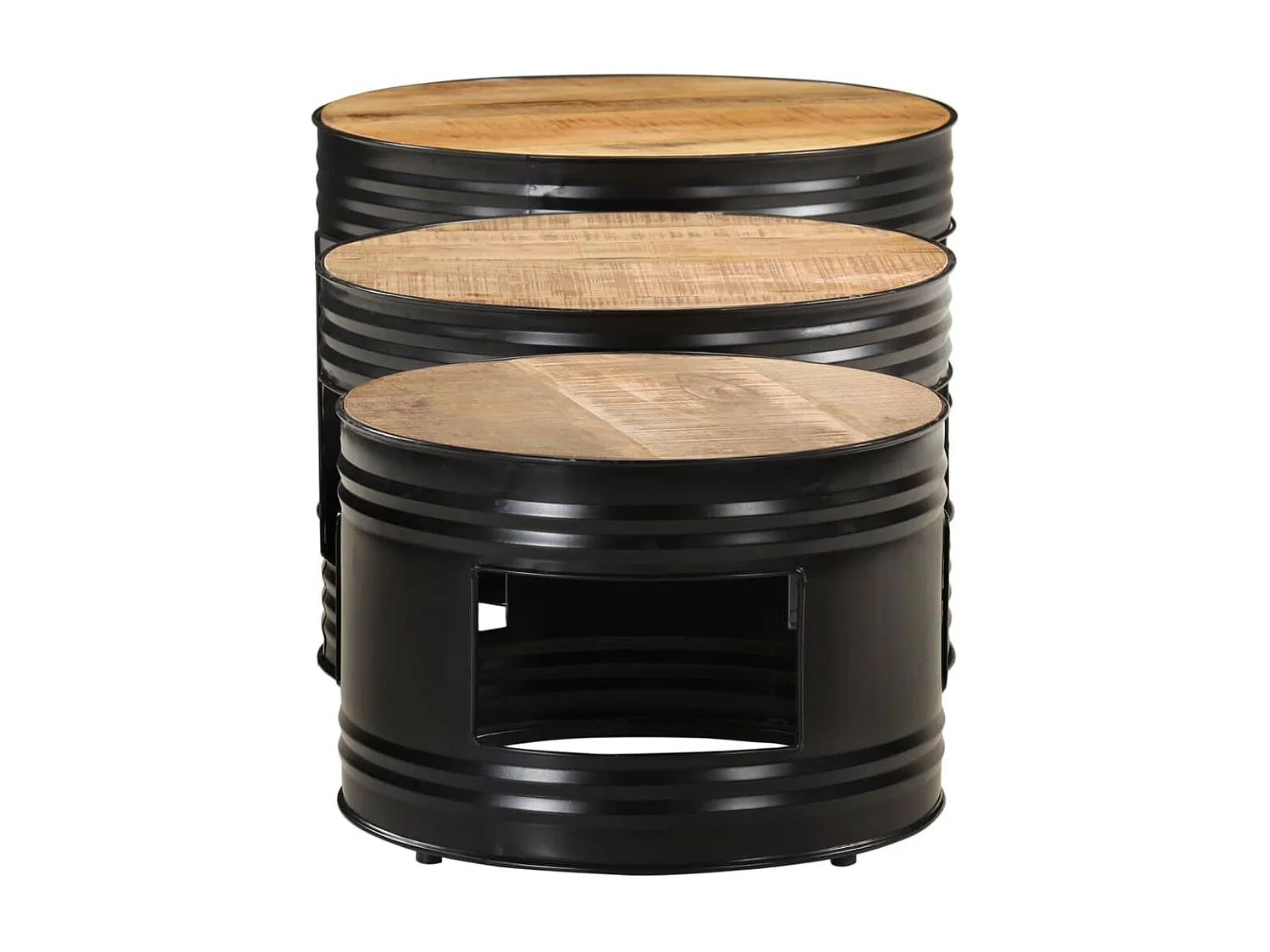 Trommelförmige Stehtische, 3 Stück, rohes, massives Mangoholz