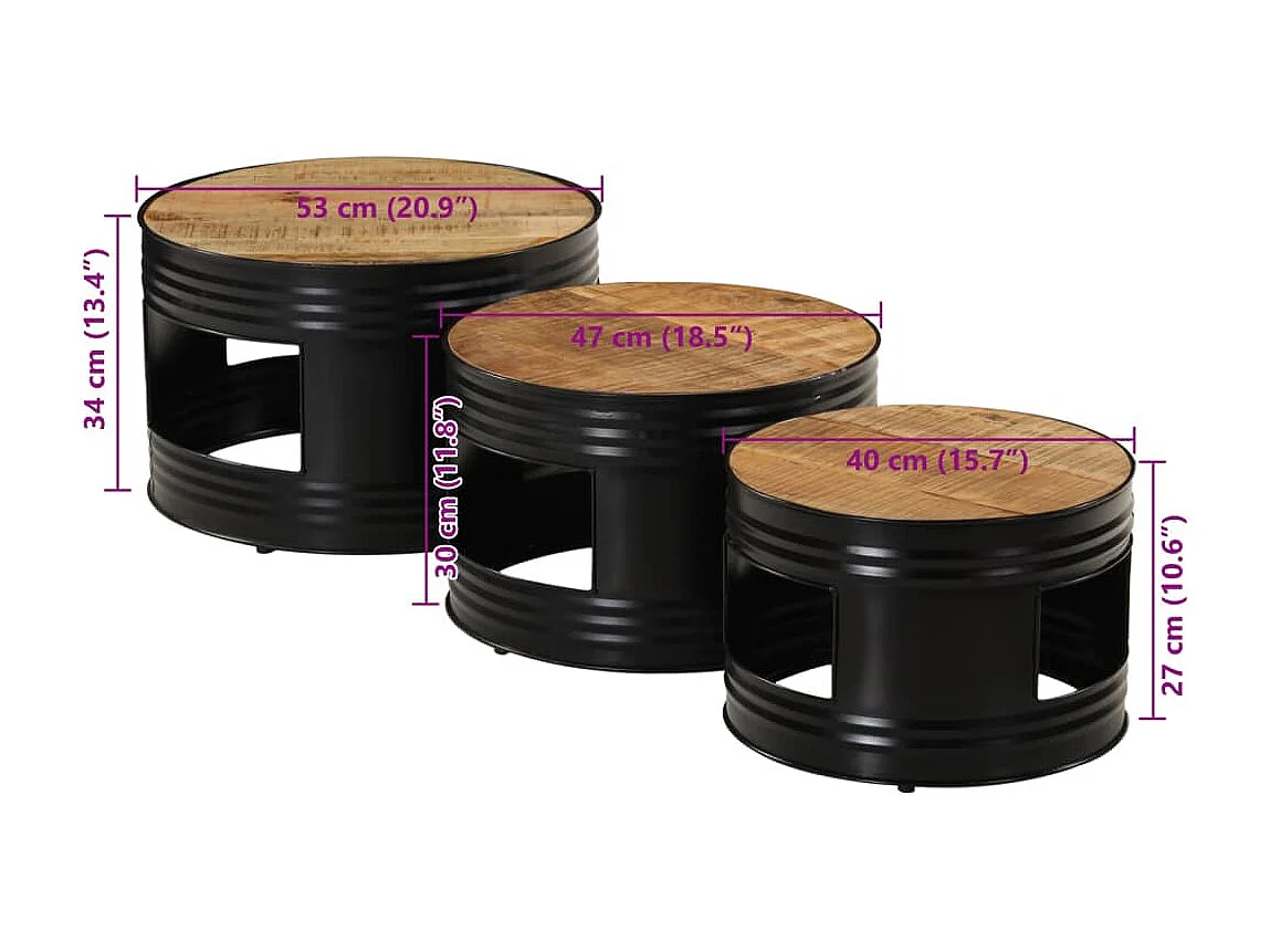 Trommelförmige Stehtische, 3 Stück, rohes, massives Mangoholz