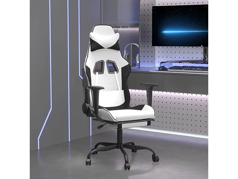 Sedia da gaming per massaggi con poggiapiedi in ecopelle bianca e nera