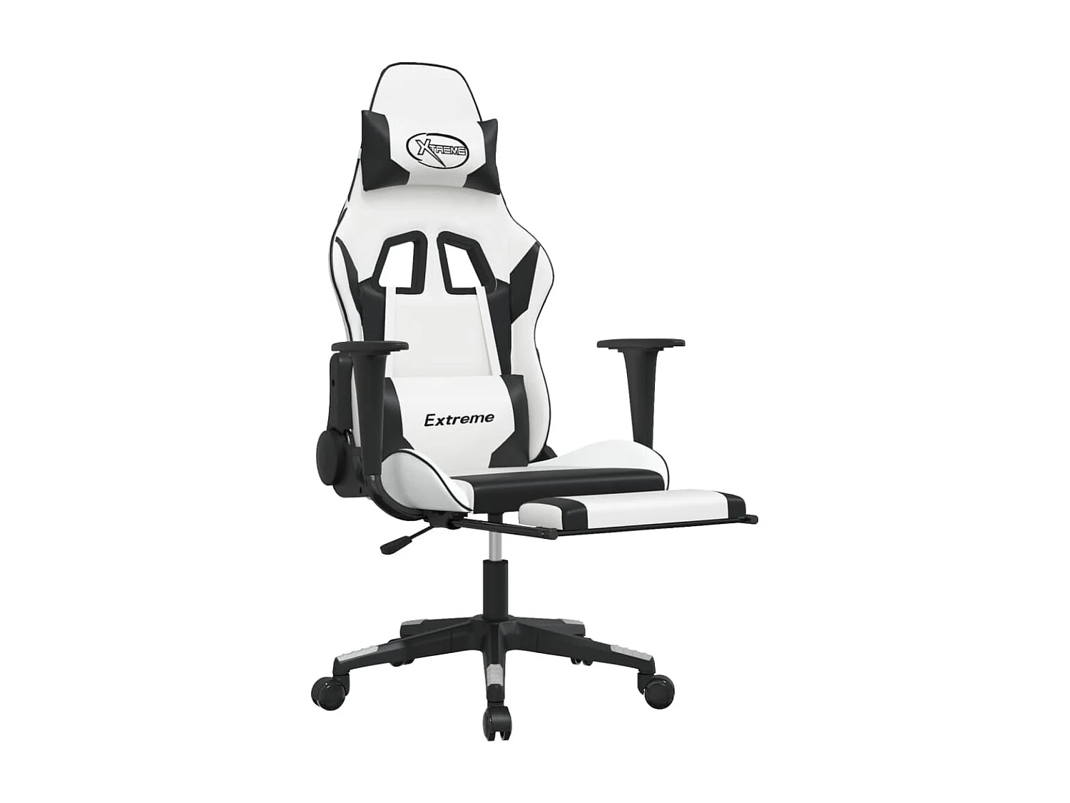 Gaming-Stuhl mit Fußstütze. Weißes und schwarzes Kunstleder