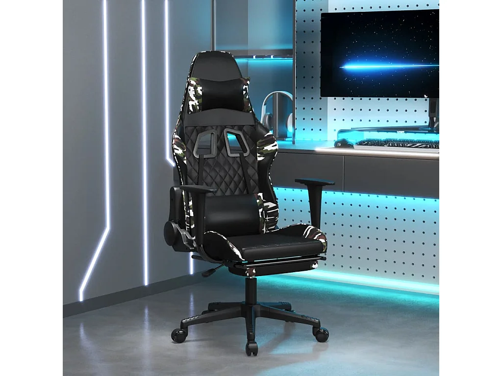 Poltrona da gioco massaggiante con poggiapiedi in similpelle nera e mimetica