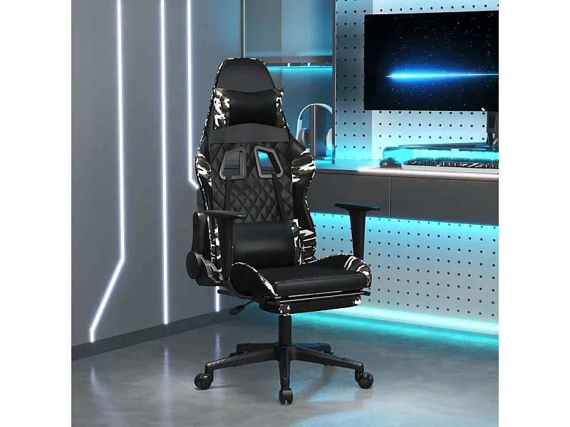 Poltrona da gioco massaggiante con poggiapiedi in similpelle nera e mimetica