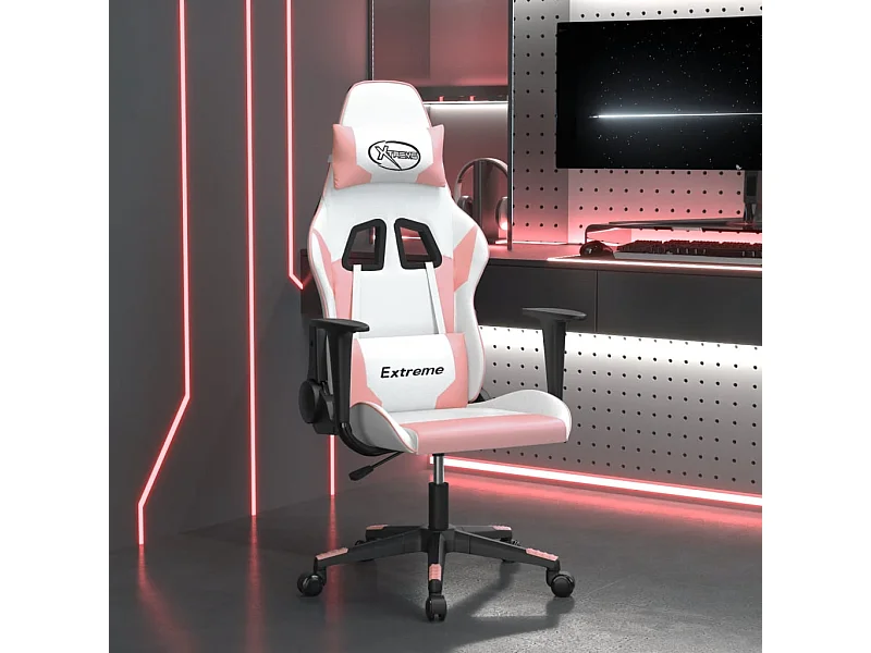Cadeira de massagem para jogos em pele sintética branca e rosa