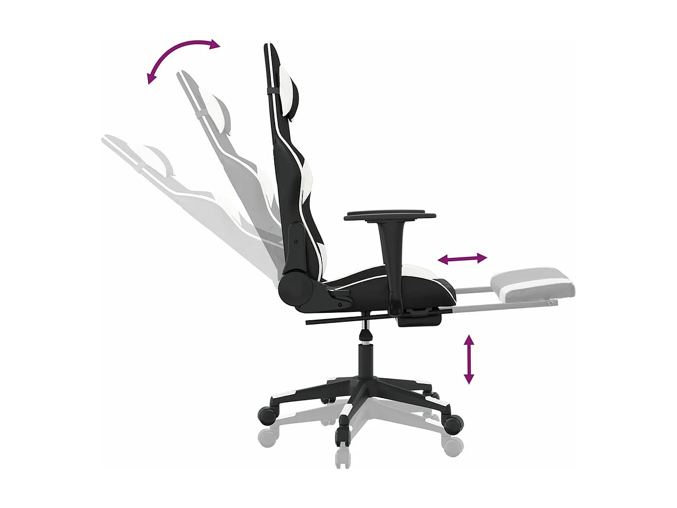 Cadeira de massagem para jogos com apoio para os pés em couro sintético preto e branco